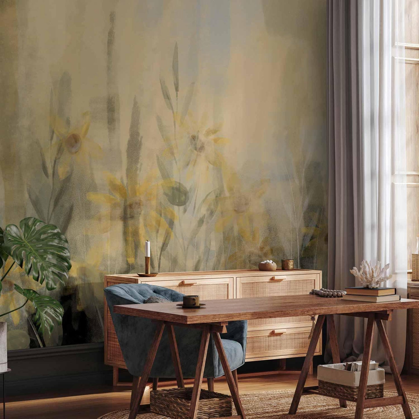 Fototapete - A touch of summer - floral motif with a meadow full of yellow flowers and grasses