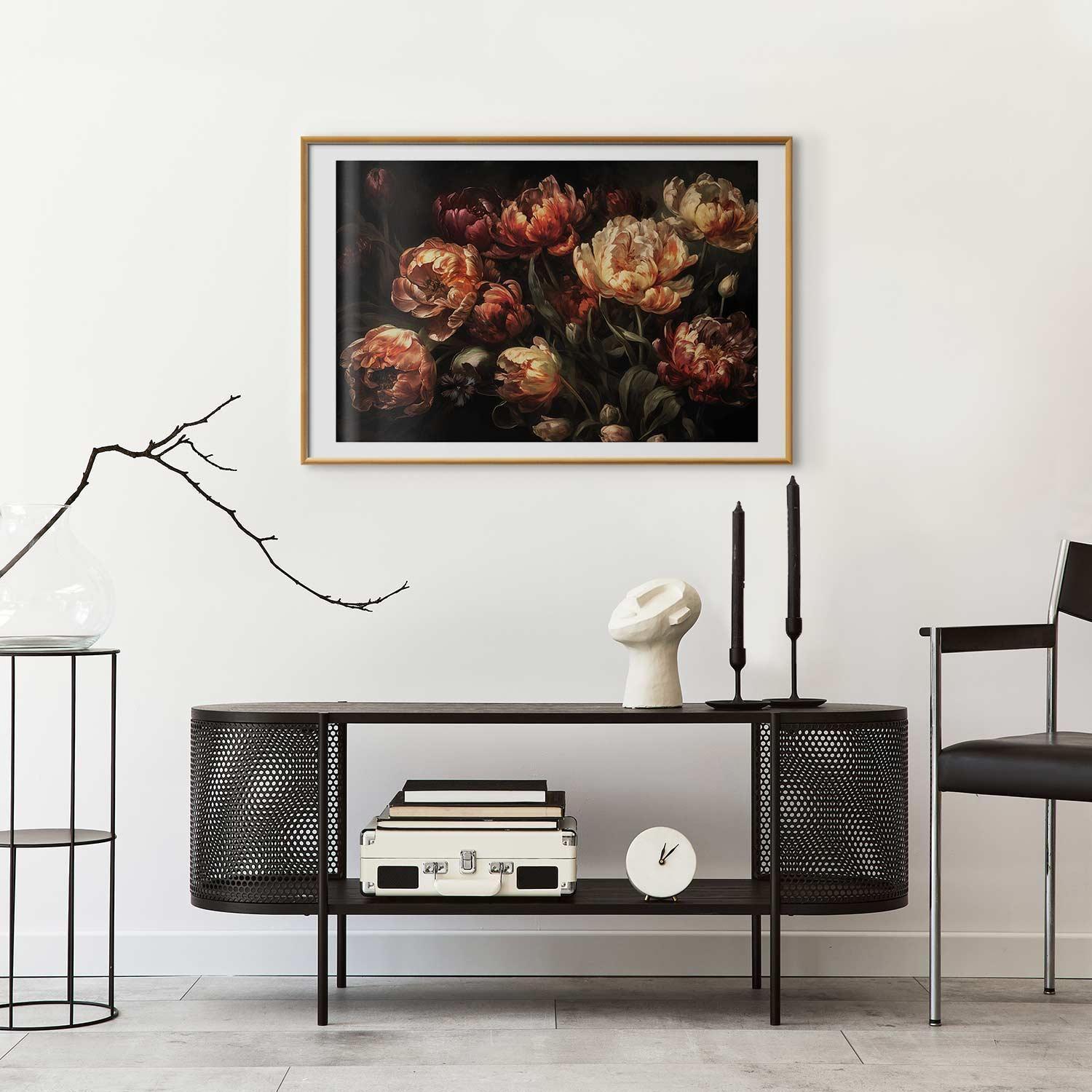 Poster of Blooming Tulips in a stylish living room setting.