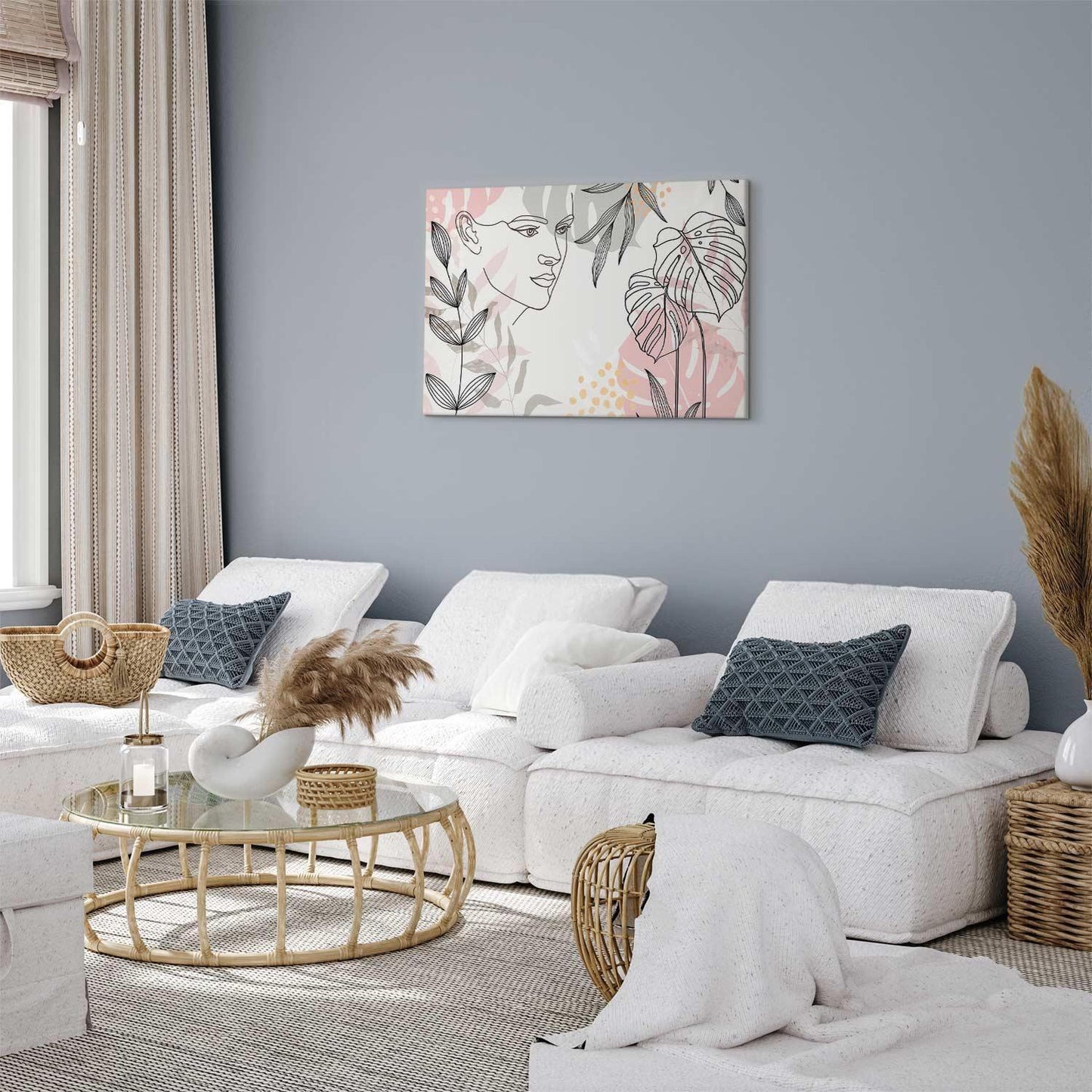 Leinwandbild Frau mit Monstera Blättern – Moderne Line Art