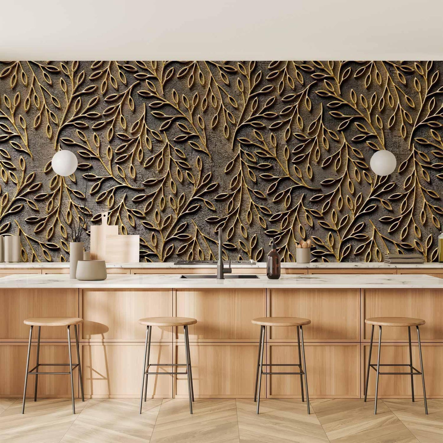 Wohnzimmer mit stilvoller goldener Akzentwand

