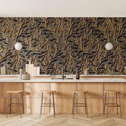 Wohnzimmer mit stilvoller goldener Akzentwand

