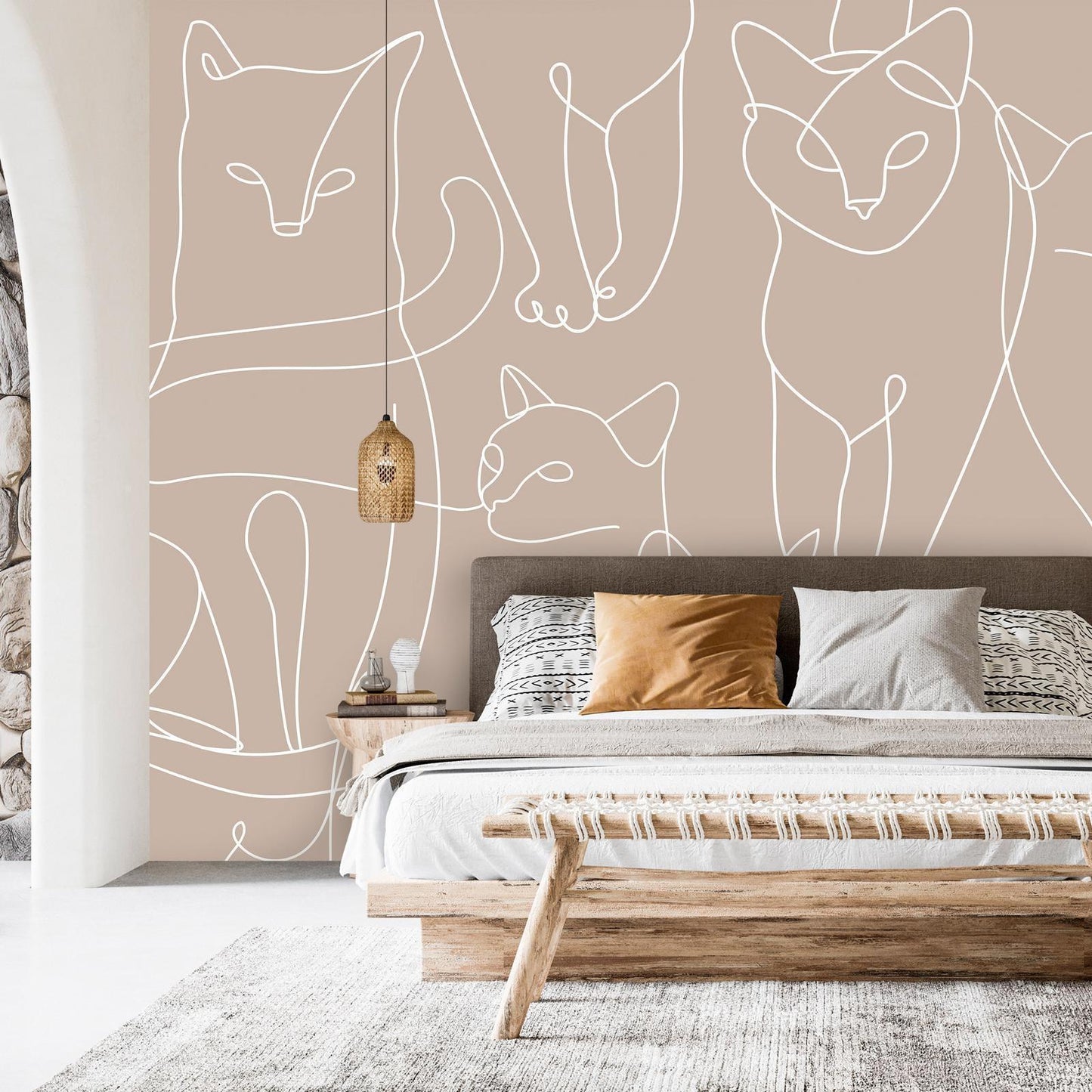 Fototapete - Cat lineart - minimalist sketches of white cats on beige background Artgeist