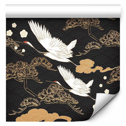 Tapete - Oriental impressions - decorative pattern with a motif of flying cranes on a dark background