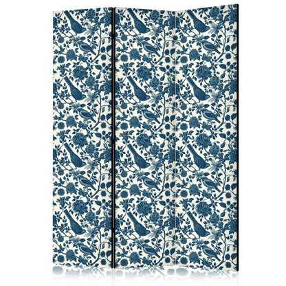 Paravent "Blaue Vögel auf Rosenranken" – Elegante Romantik in sanften Farben
