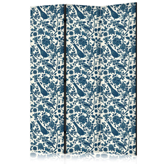 Paravent "Blaue Vögel auf Rosenranken" – Elegante Romantik in sanften Farben