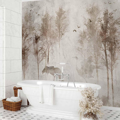 Fototapete - Among the trees - landscape in grey tones in fog in a clearing with birds