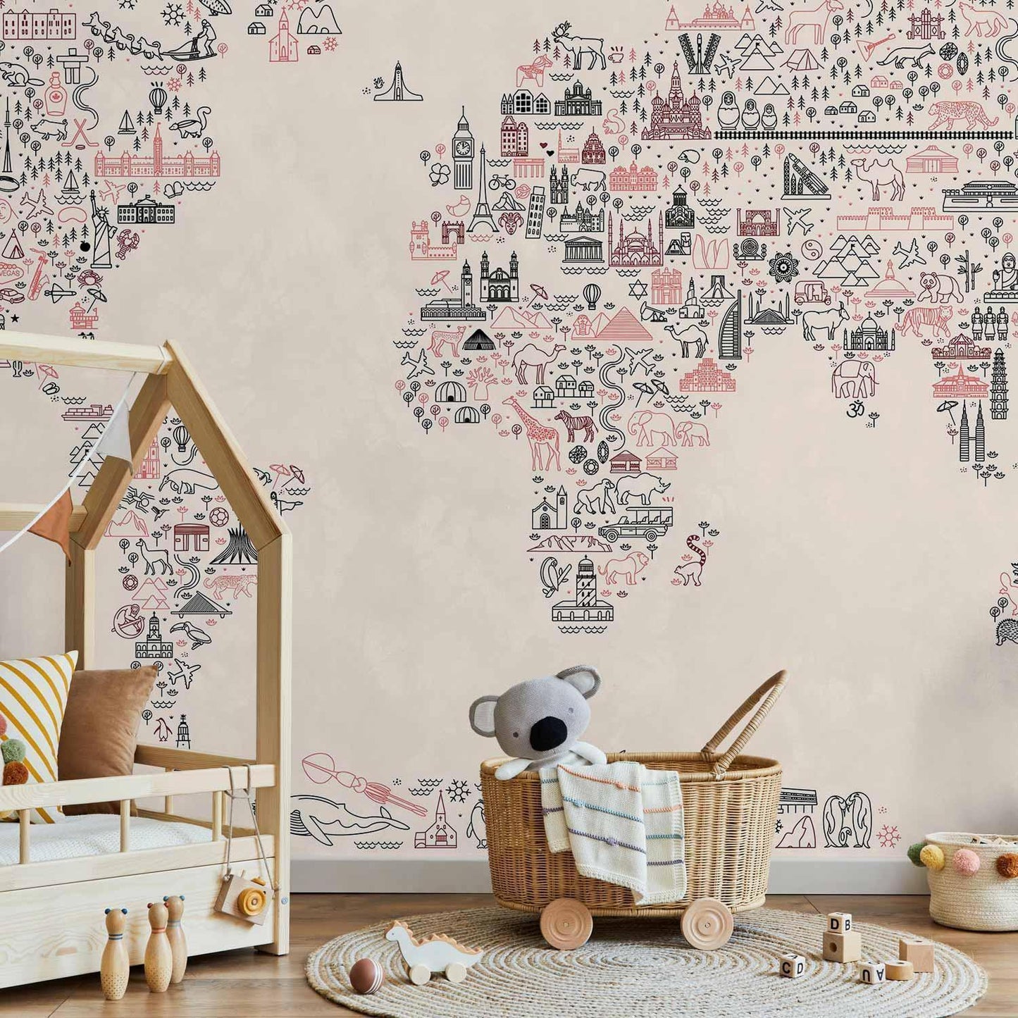 Fototapete Weltkarte mit Symbolen – Pastellfarben und Cartoon-Stil für Kinderzimmer