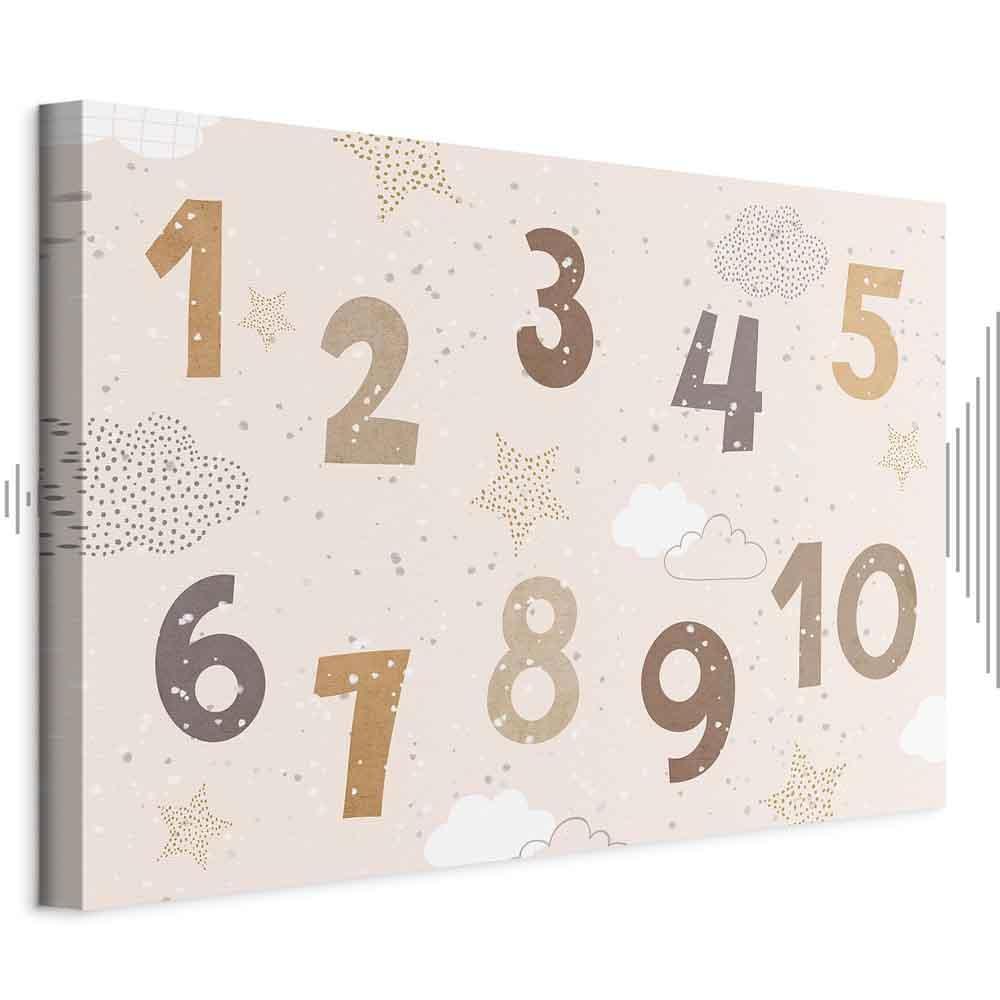 Leinwandbild - Jumping Numbers - Numbers in a Subdued Beige-Brown Hue Among Snowflakes Stars and Clouds