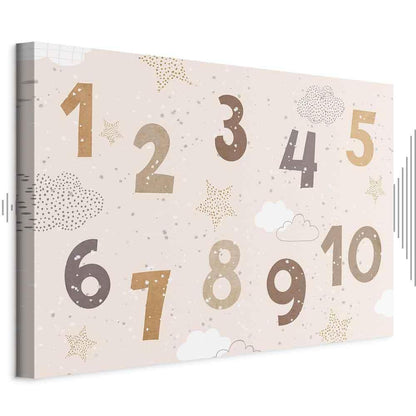 Leinwandbild - Jumping Numbers - Numbers in a Subdued Beige-Brown Hue Among Snowflakes Stars and Clouds