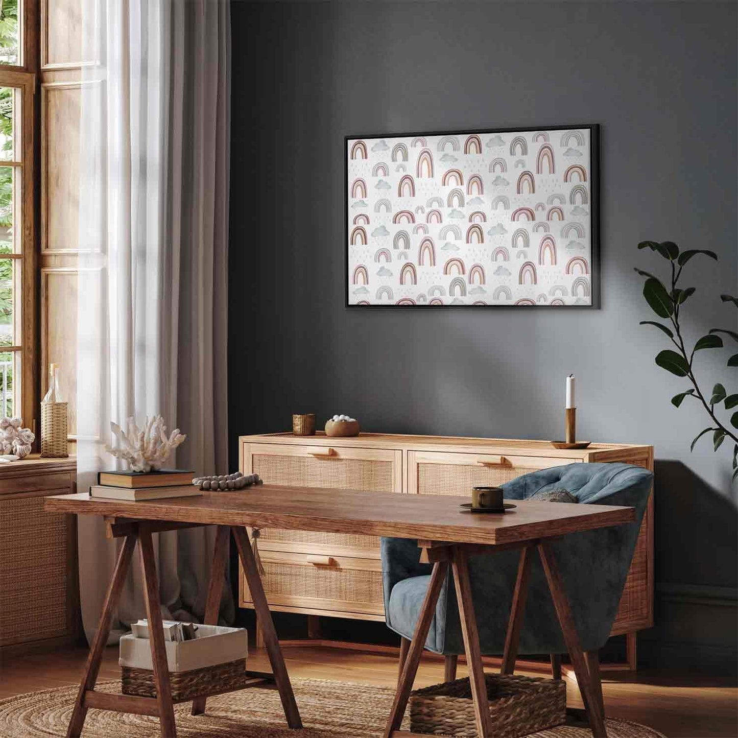 Leinwandbild - Rainbows After the Storm - Rainbows of Various Sizes in Pastel Hues Among Rain Clouds in a Gray-Blue Shade