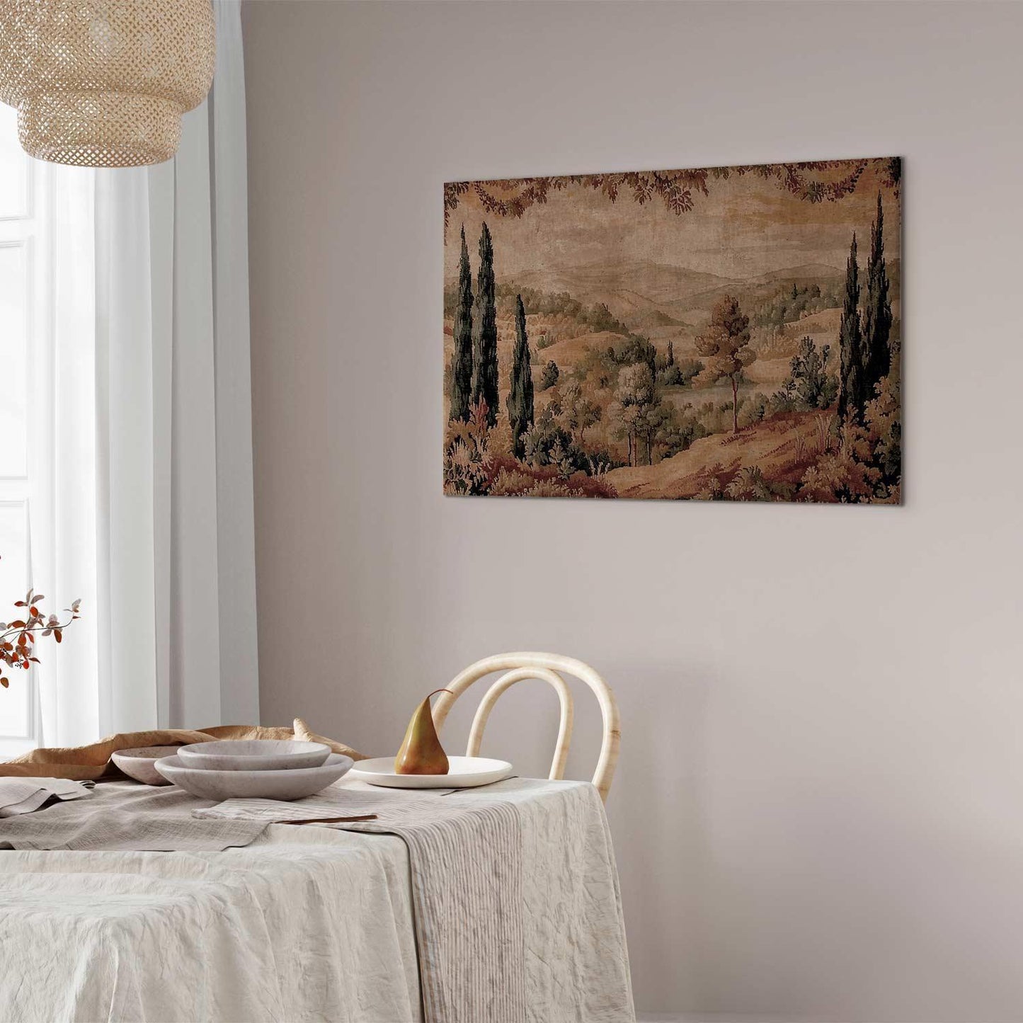 Leinwandbild - Mediterranean landscape - old tapestry with a hill and a lake