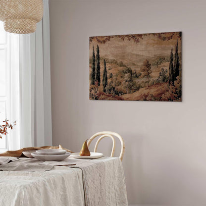 Leinwandbild - Mediterranean landscape - old tapestry with a hill and a lake