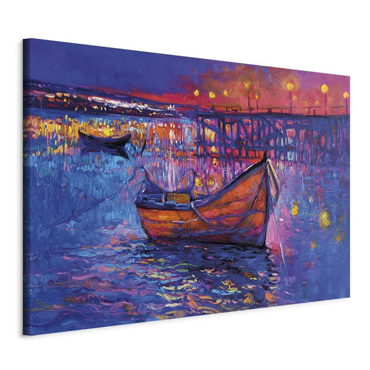 Wandbild XXL - Modern impressionism - night landscape of a lake with a floating boat