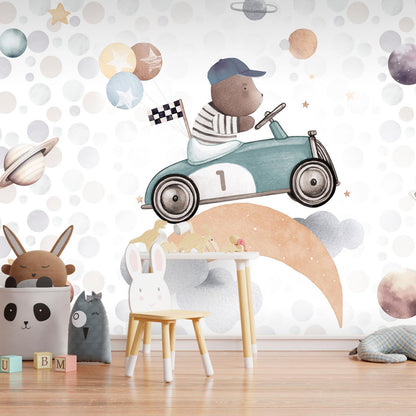 Fototapete - Teddy Bear in a Racing Car Artgeist