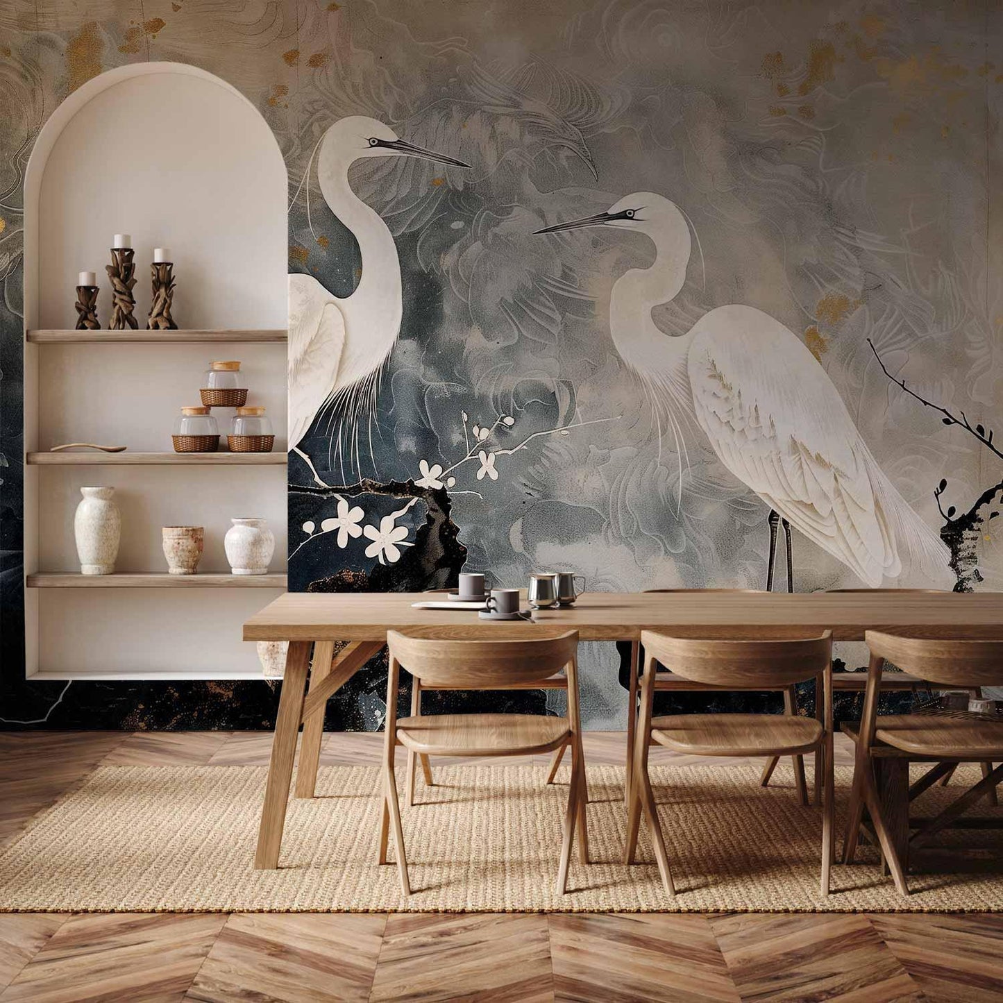 Fototapete Reiher und Kirschblüten - Asiatische Illustration mit Vögeln