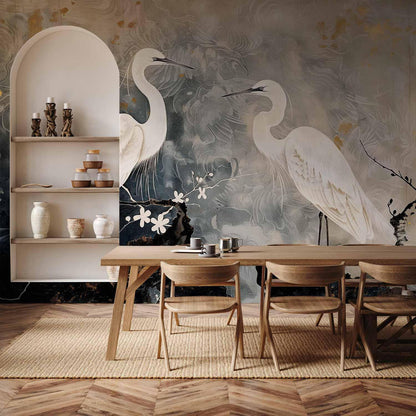 Fototapete Reiher und Kirschblüten - Asiatische Illustration mit Vögeln