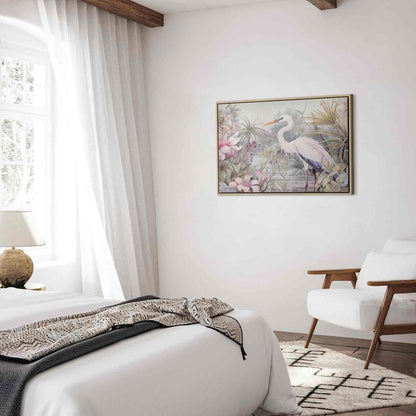 Leinwandbild - Heron wading in a pond - illustration in bright colours