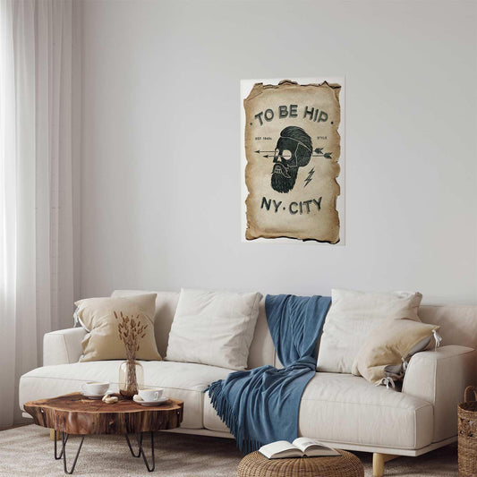 Stylish "To Be Hip" poster in modern living room decor.