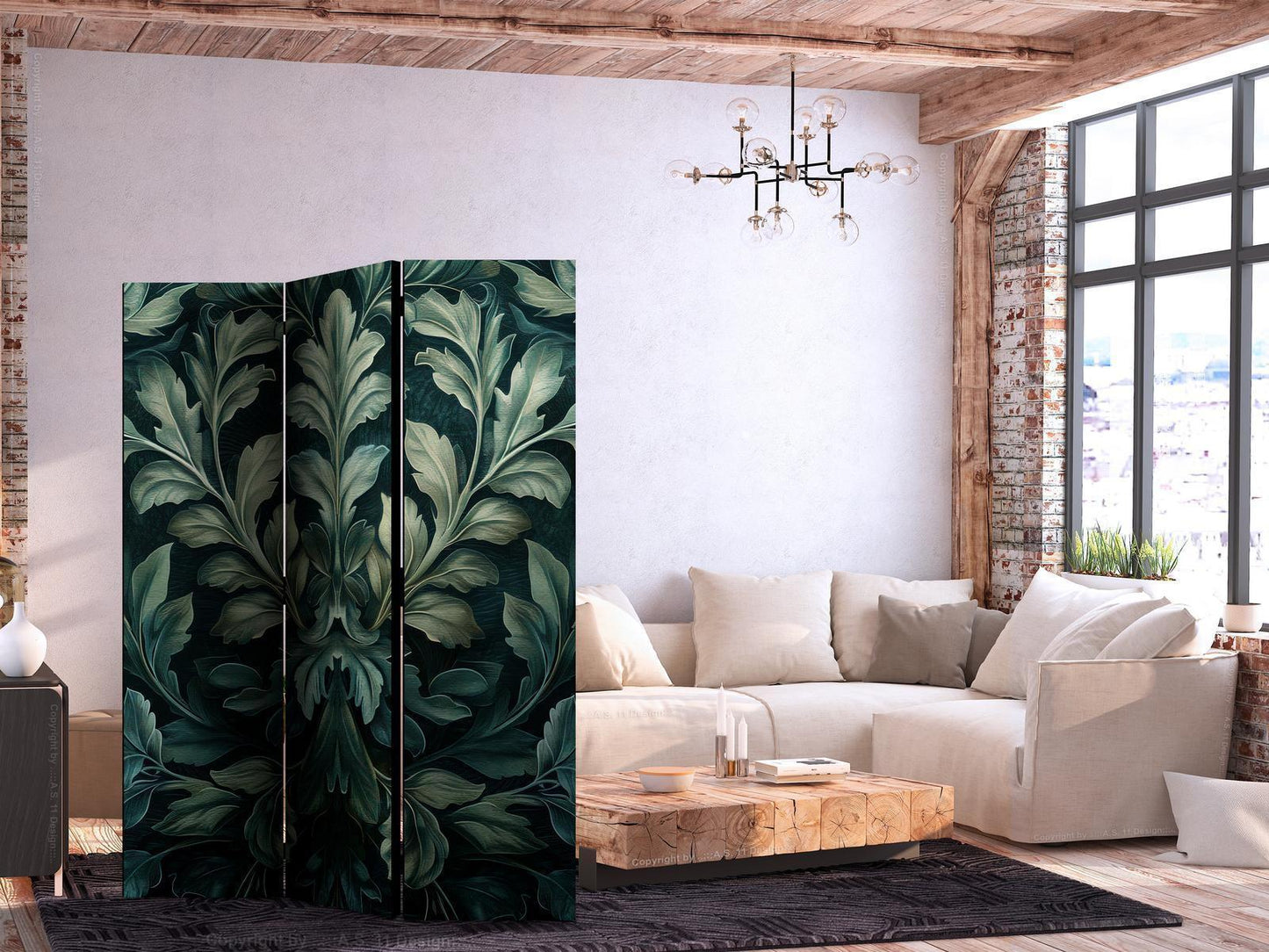 Paravent - Dark Green Victorian Leaves - Botanical Carved Composition Artgeist