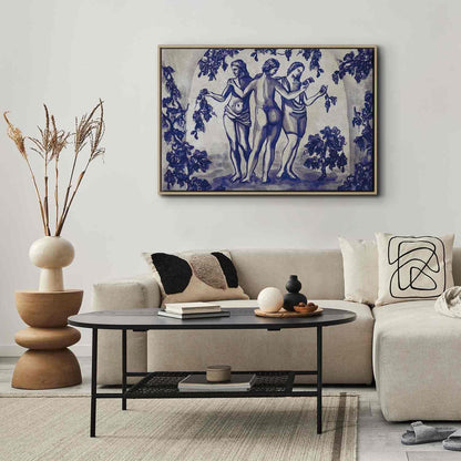 Leinwandbild - Ancient vineyard - three women in a portal painted with blue ink