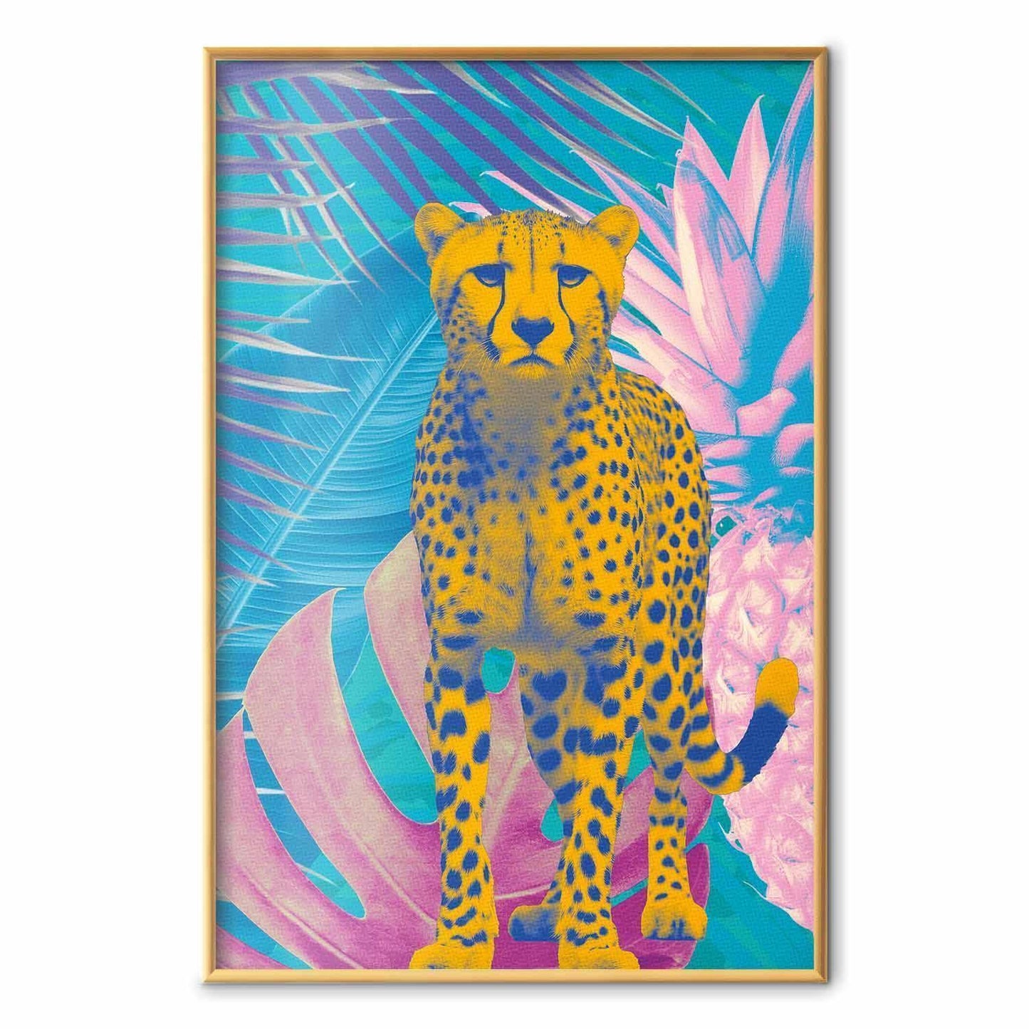 Poster - Exotic Leopard - colorful portrait of a cheetah against tropical leaves
