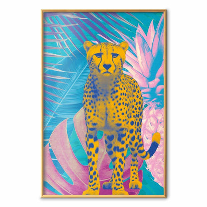 Poster - Exotic Leopard - colorful portrait of a cheetah against tropical leaves