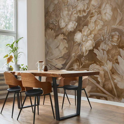 Fototapete - Floral Ornaments Carved in Delicate Sepia and Brown Shades