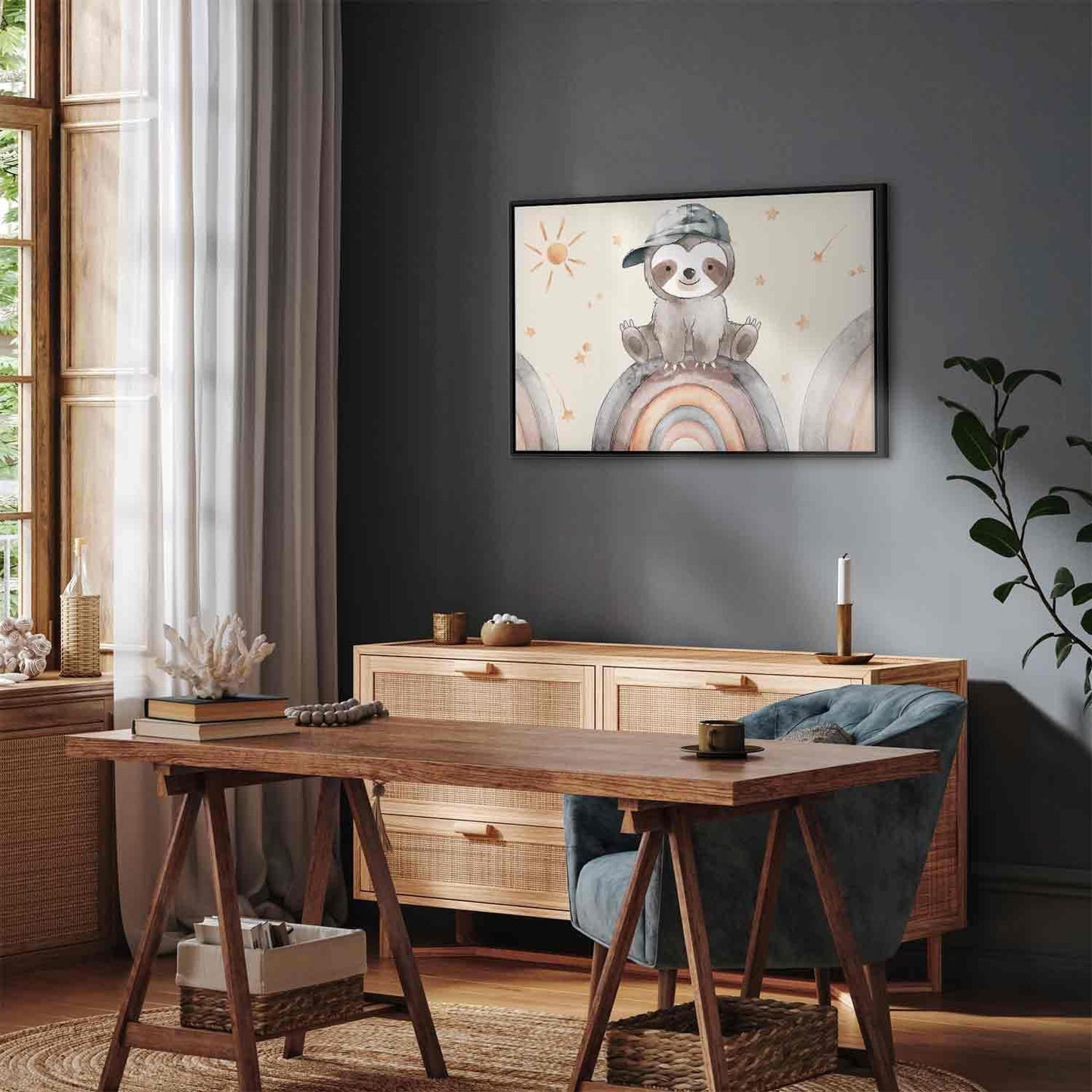 Leinwandbild - Happy Sloth - Sloth in Subdued Colors Wearing a Cap Sitting on a Rainbow Among Little Stars Artgeist