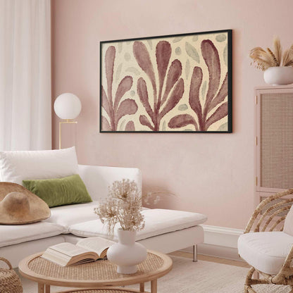 Large poster with abstract leaves and spots inspired by Matisse, displayed in a modern living room setting.