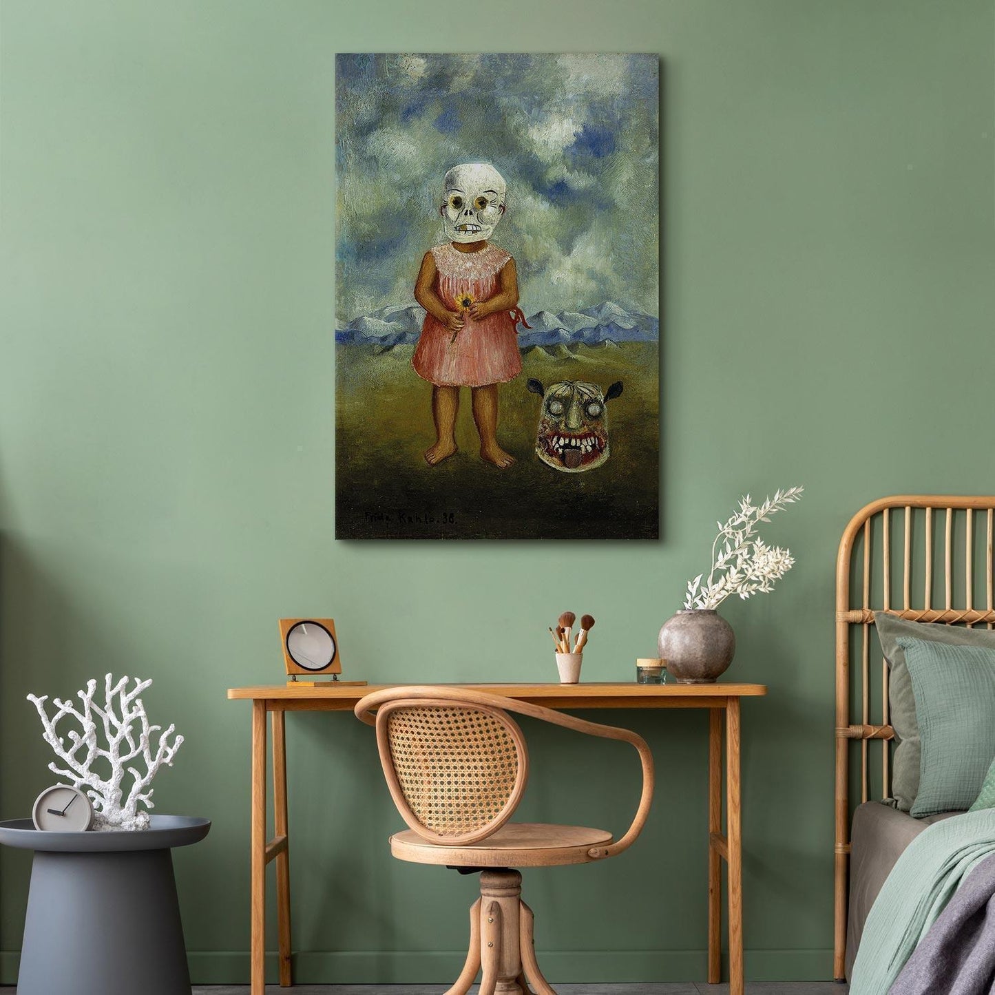 Leinwandbild - Frida Kahlo – Girl with Death Mask (She Plays Alone)