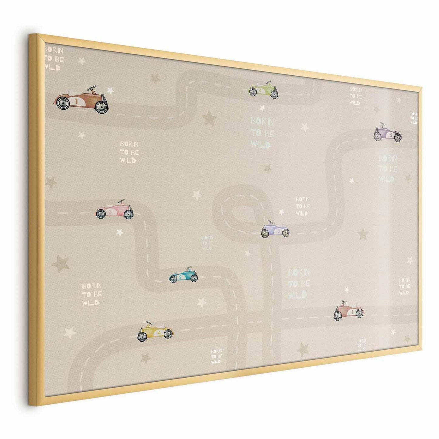 Poster featuring racing cars with a stylish pattern, framed option.