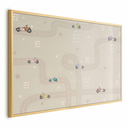 Poster featuring racing cars with a stylish pattern, framed option.