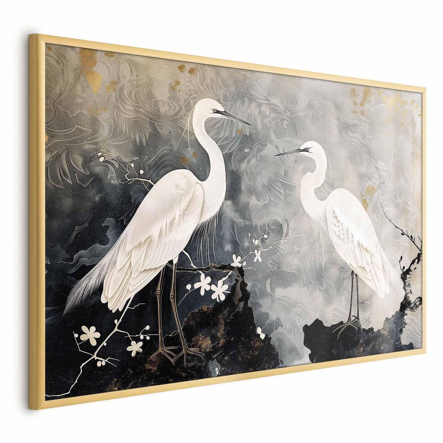 Poster - Herons and Cherry Blossom - oriental-style illustration depicting birds