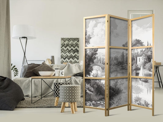 Japanischer Paravent - Black and White Vintage Landscape - Retro View of a Pond with a Boat