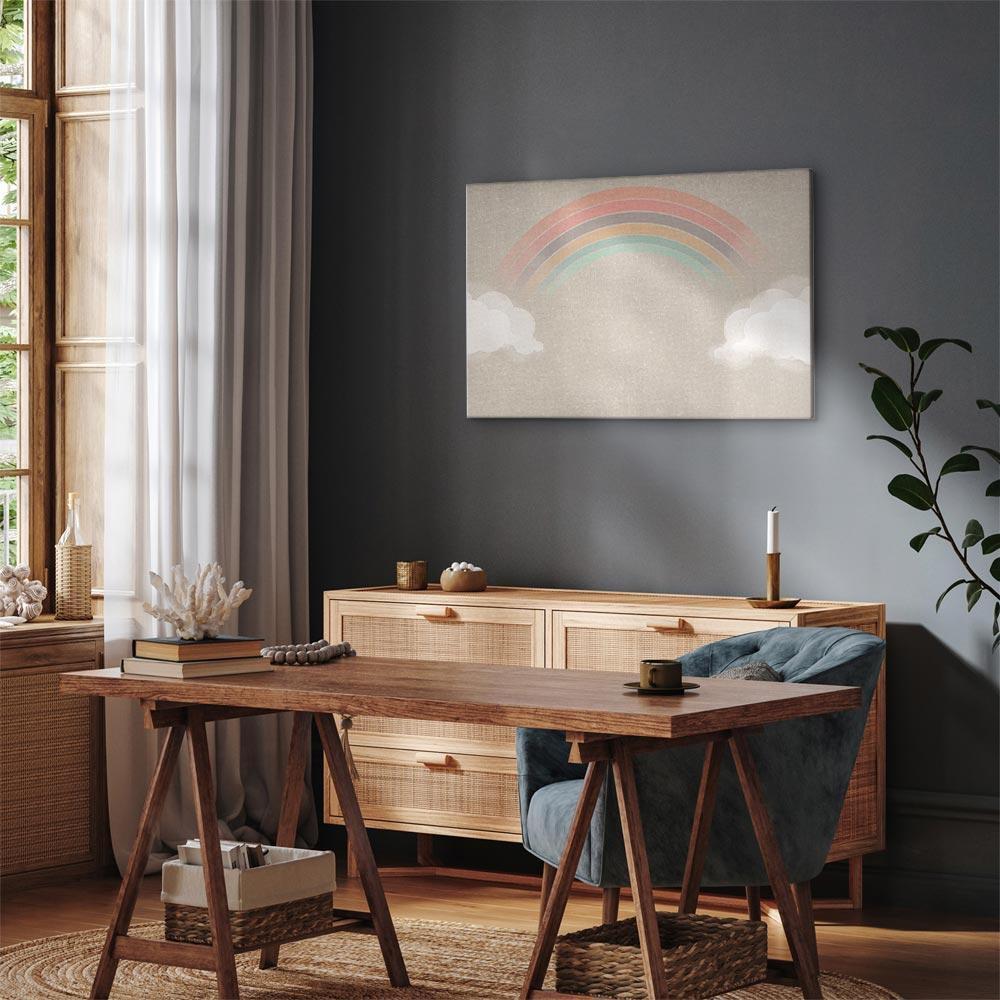 Leinwandbild - Rainy June - Colorful Rainbow Emerging from Clouds on a Bright Background