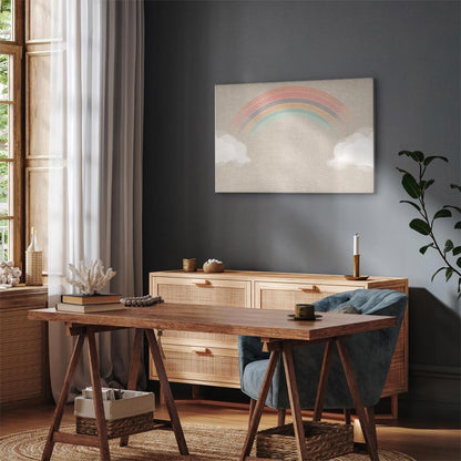 Leinwandbild - Rainy June - Colorful Rainbow Emerging from Clouds on a Bright Background