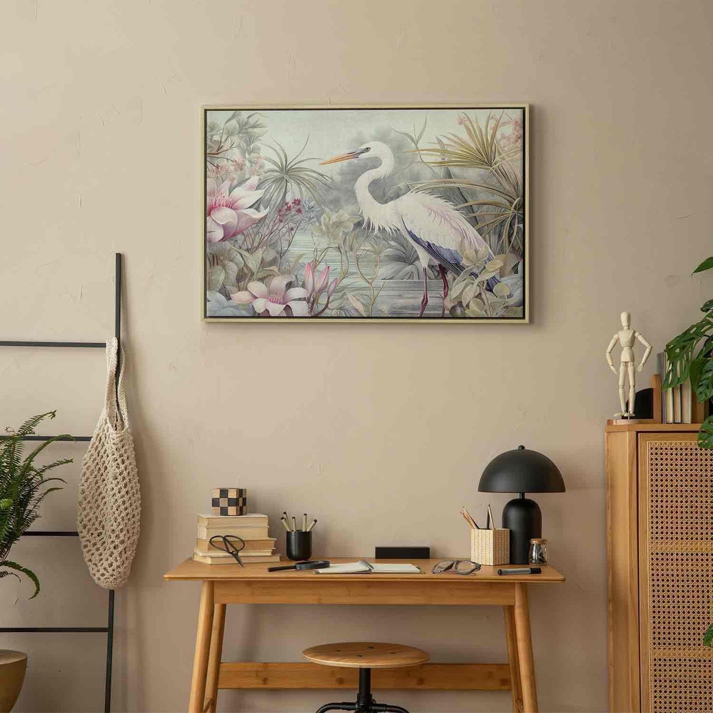 Leinwandbild - Heron wading in a pond - illustration in bright colours