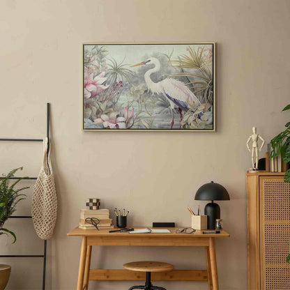 Leinwandbild - Heron wading in a pond - illustration in bright colours