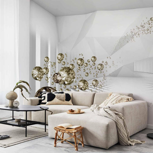 Fototapete Diamant-Kugeln Gold – Schwebende Tropfen mit 3D-Effekt
