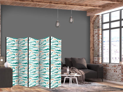 Paravent - Fish Jumping Above The Waves - Oriental Fish And Water Lilies Among High Waves in Shades of Sea Green Artgeist