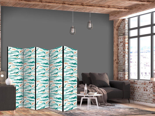 Paravent - Fish Jumping Above The Waves - Oriental Fish And Water Lilies Among High Waves in Shades of Sea Green Artgeist