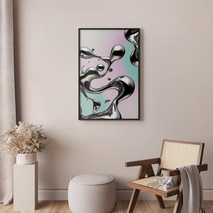 Poster - Metallic Fluidity - abstract silver forms on a mint-purple background