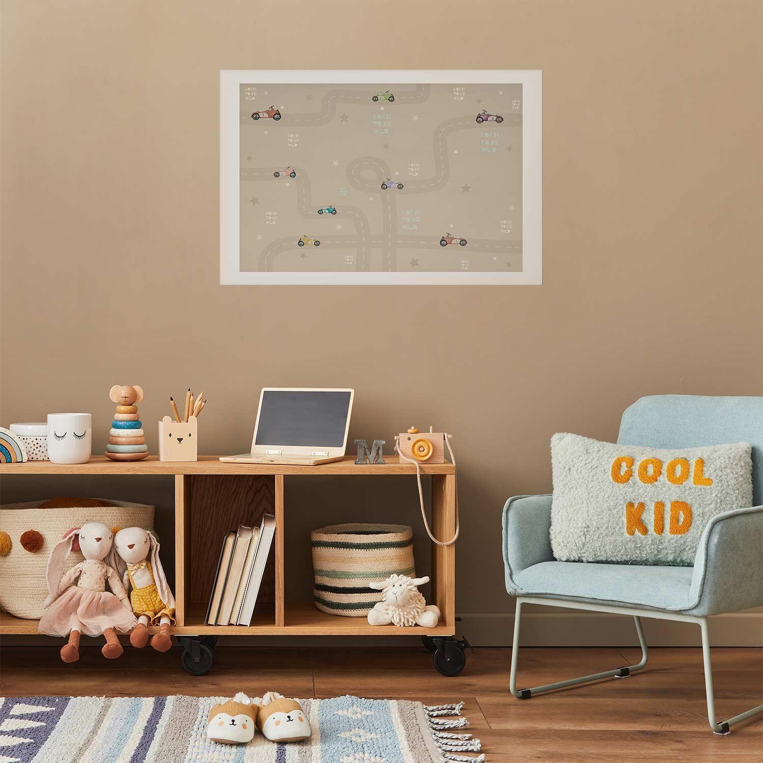 Racing cars poster in a child's room with modern decor.