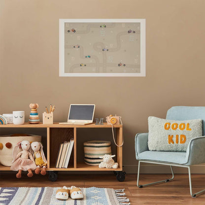 Racing cars poster in a child's room with modern decor.