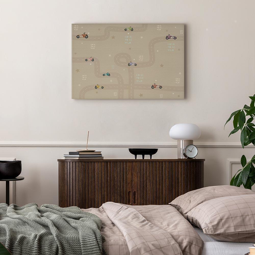 Leinwandbild - Race - Colorful Cars on a Road on a Beige Background with Inscriptions