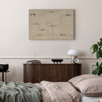 Leinwandbild - Race - Colorful Cars on a Road on a Beige Background with Inscriptions