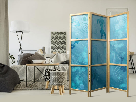 Japanischer Paravent - Koi Fish Under the Water Surface - a Cluster of Japanese Fish in the Depths of the Pond in Shades of Navy and Blue