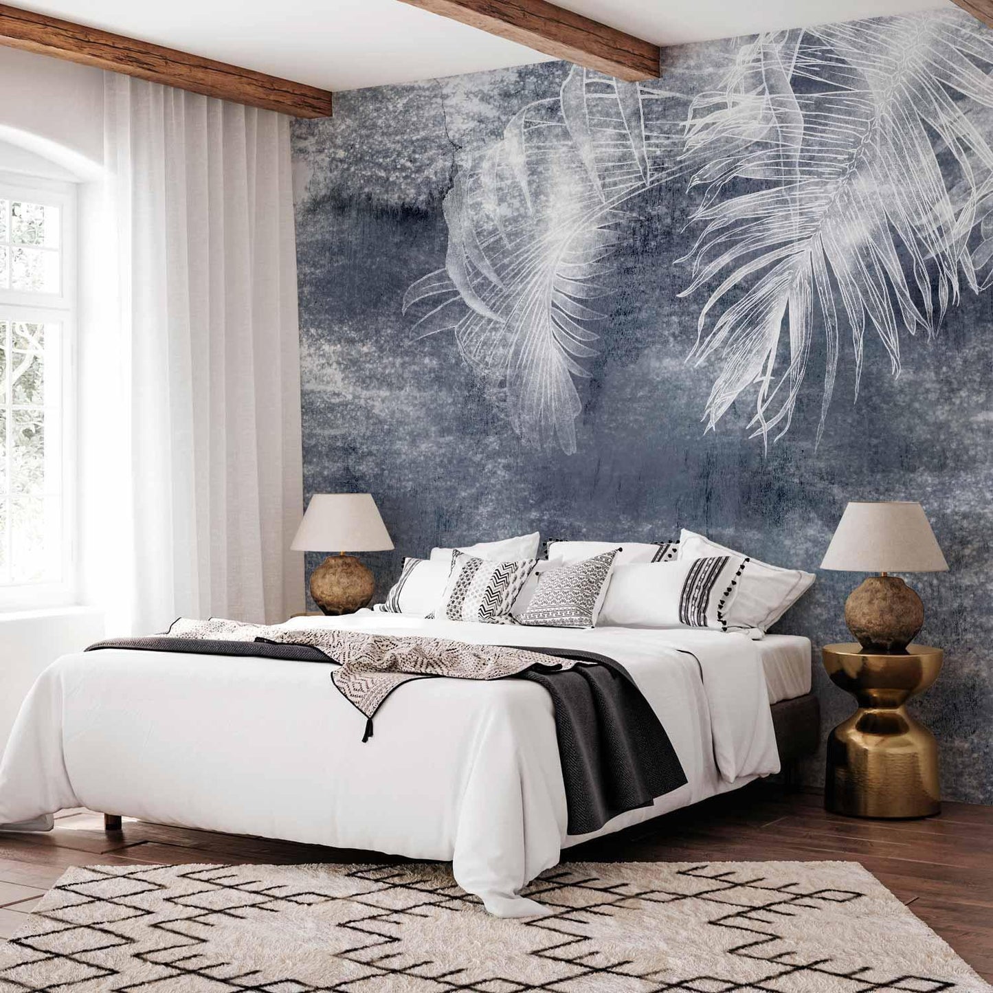 Fototapete - Abstraction with nature - exotic leaves on a blue background with pattern