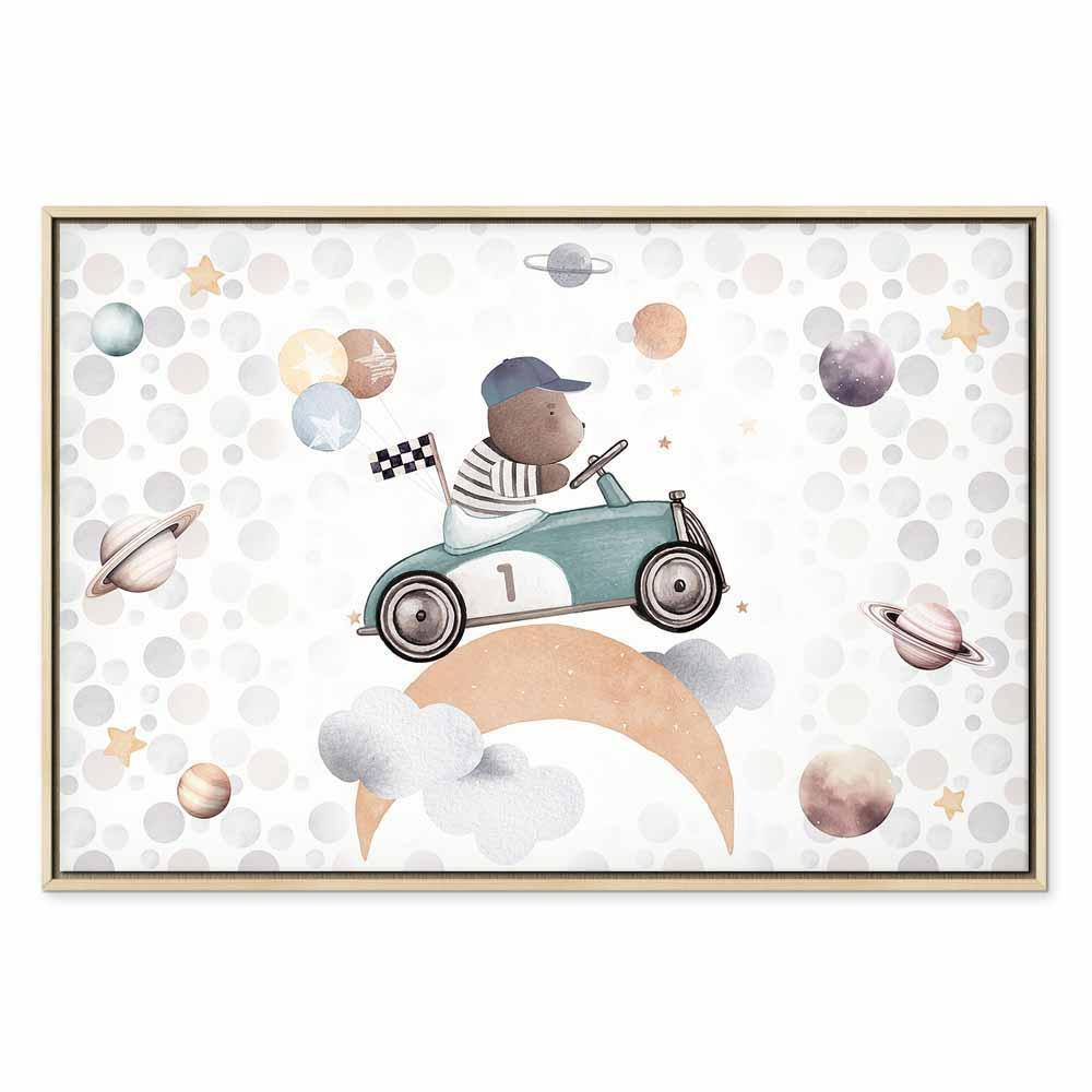 Leinwandbild - Galactic Races - A Bear Participating in Car Races Among Planets Clouds and Stars in Pastel Hues
