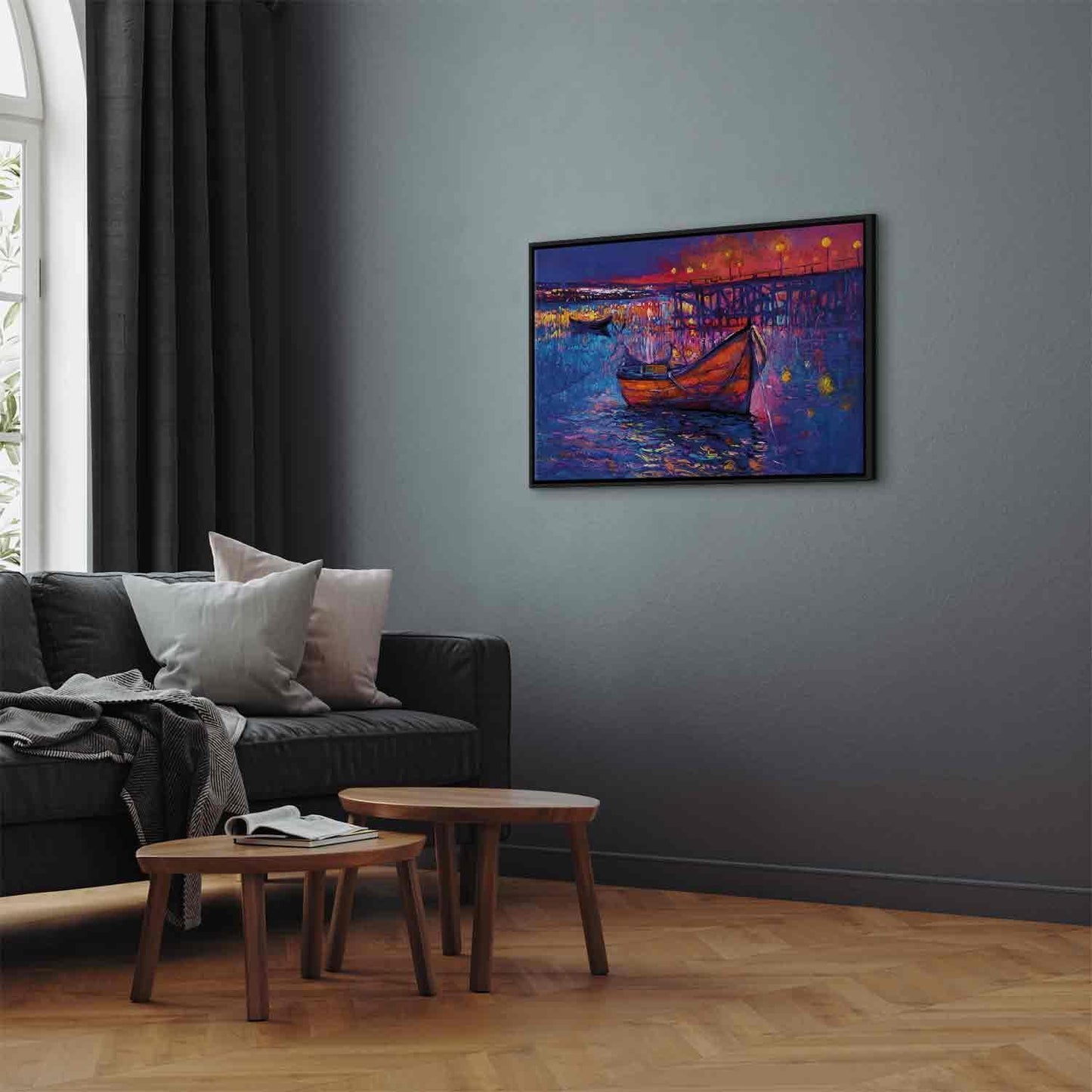 Leinwandbild - Modern impressionism - night landscape of a lake with a floating boat